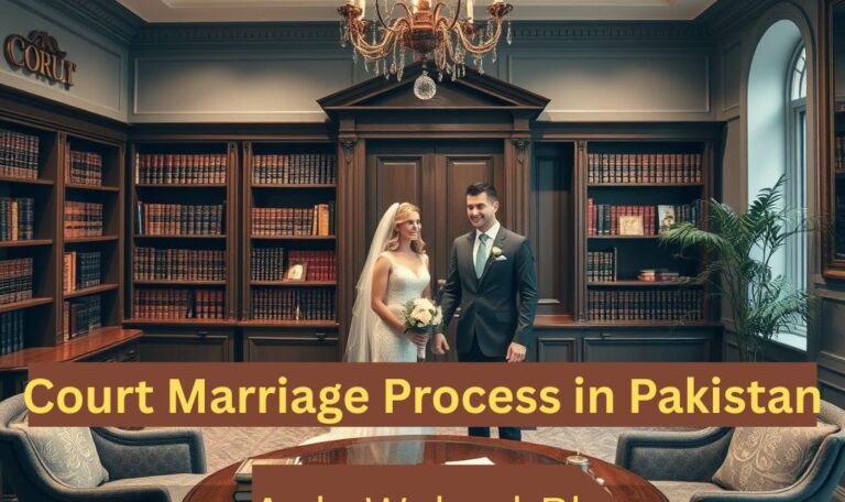 Bride and groom standing in a legal office after completing court marriage process in Pakistan – ApkaWakeel.pk