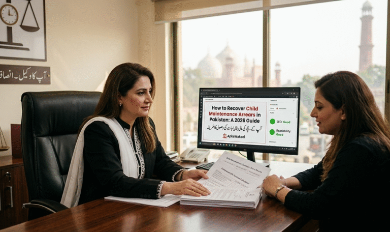 Professional lawyer in Lahore discussing child maintenance arrears in Pakistan with a client in a modern law office background.