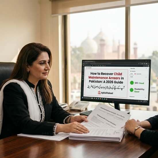 Professional lawyer in Lahore discussing child maintenance arrears in Pakistan with a client in a modern law office background.